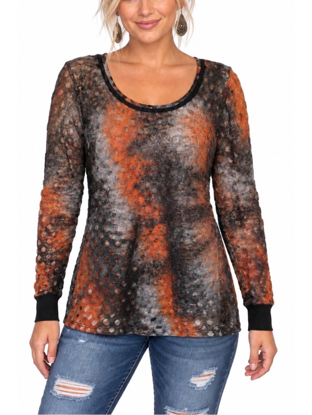 BKE brand women's long-sleeve burnout shirt w/ an orange and black ombre design